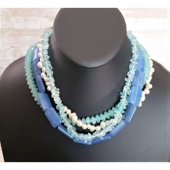 Vintage Necklace - Blue, Turquoise Tone & Pearl? Layered Necklace - Picture 1 of 4